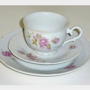 Lot 3 Vintage MZ CZECHOSLOVAKIA Pink ROSES Flowers Cup Saucer & dessert plate